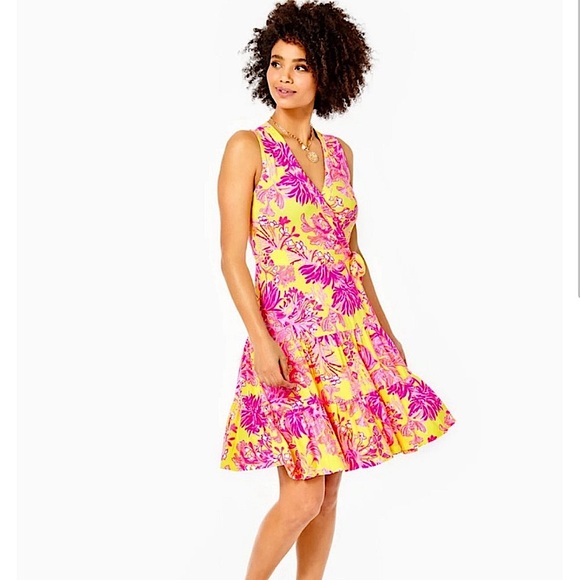 Lilly Pulitzer Dresses & Skirts - Lilly Pulitzer Folly Wrap Dress Calla Yellow Floral Summer Preppy Vacation XL
